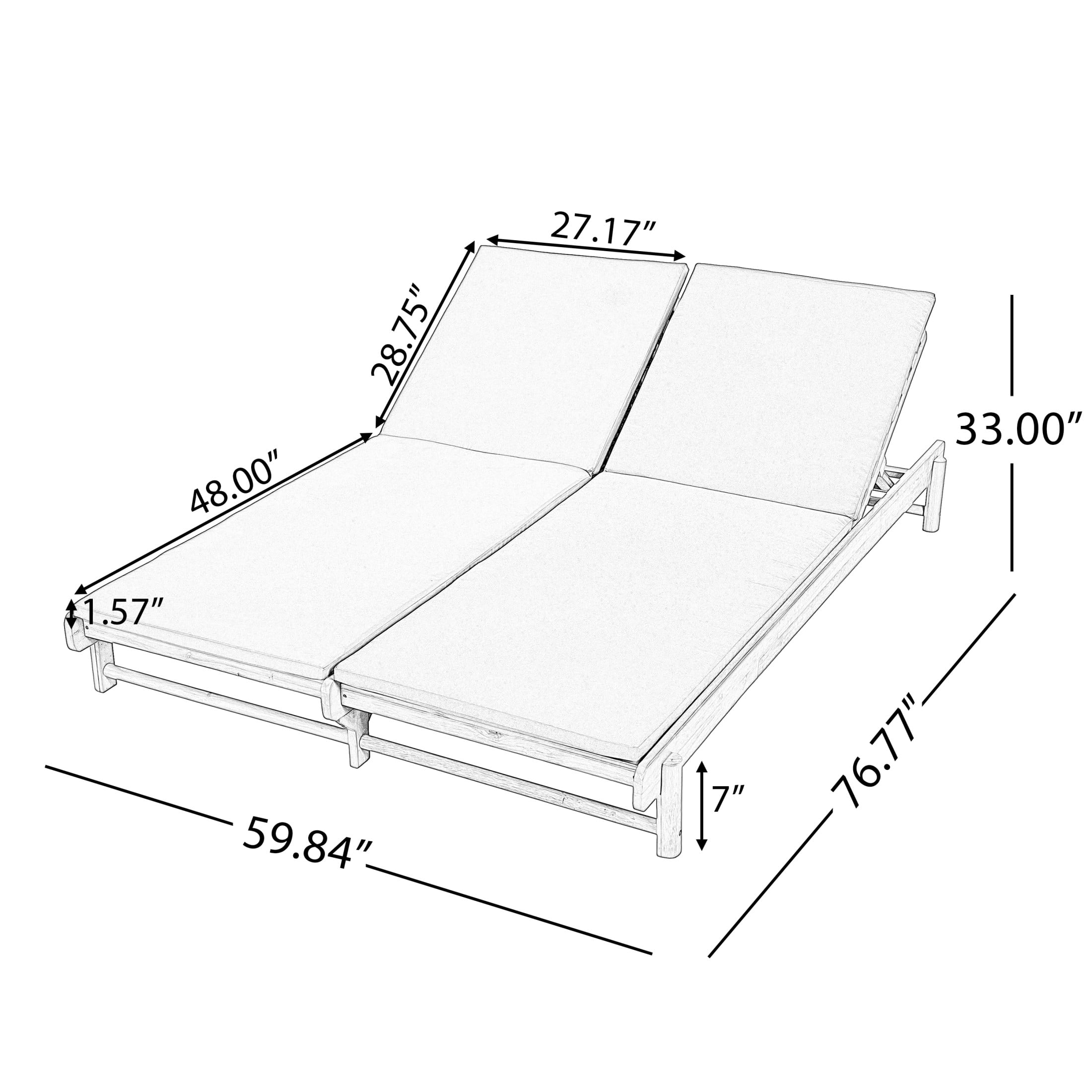 Christopher Knight Home Outdoor Adjustable Double Chaise Lounge with 2-Fold Cushions, Light Teak + Cream