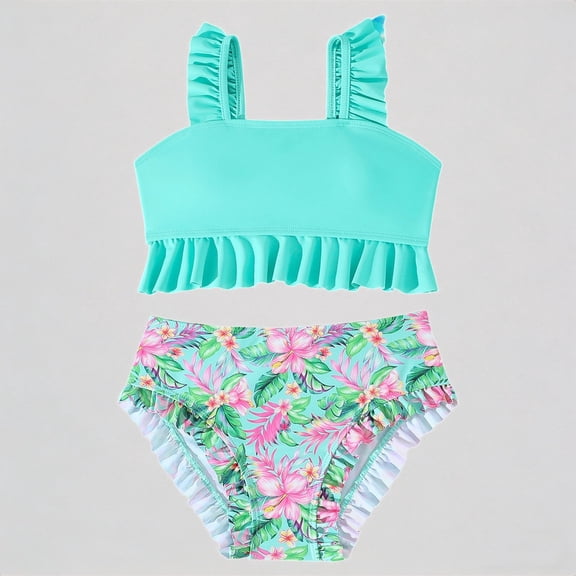 Krdevn Girls Two Piece Tankini Swimsuit Solid Ruffle Strap Crop Top Tropical Floral Print High Waist Ruffle Bottoms Beach Pool Swimwear,9-10 Years