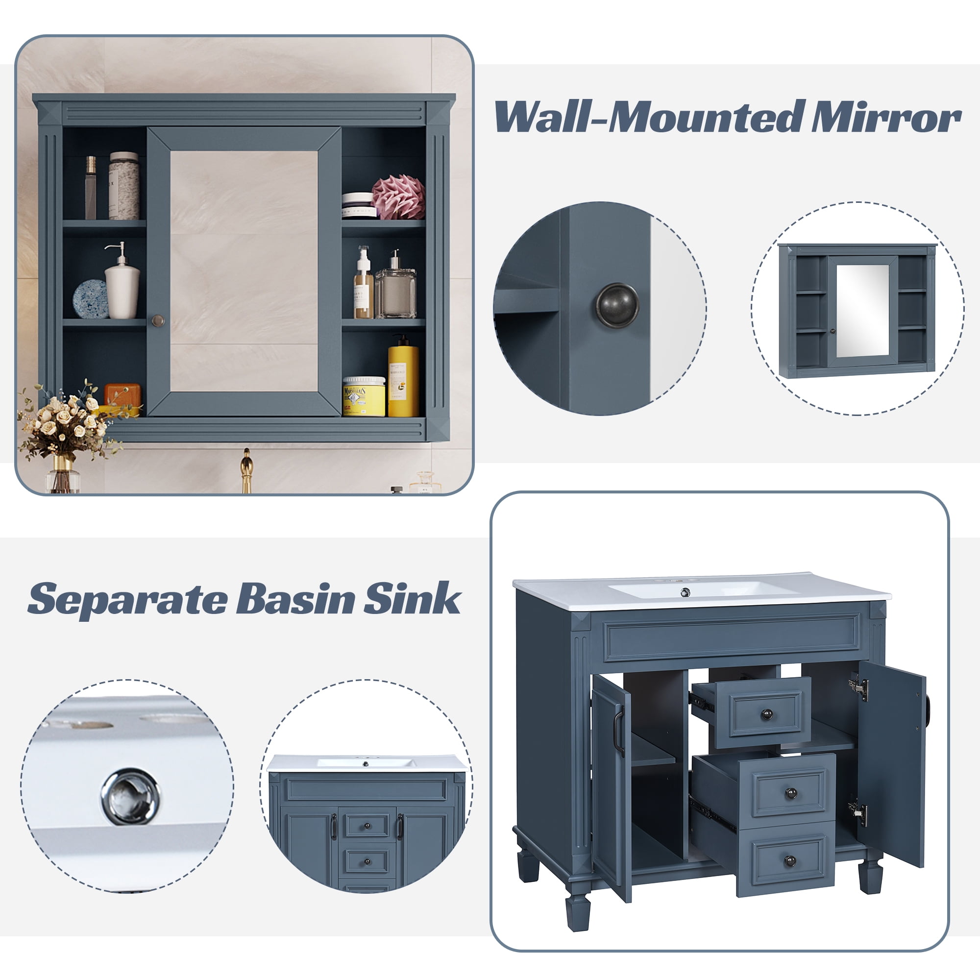 EUROCO 36" Bathroom Vanity with Top Sink, Royal Blue Mirror Cabinet, Modern Bathroom Storage Cabinet with 2 Soft Closing Doors and 2 Drawers, Single Sink Bathroom Vanity