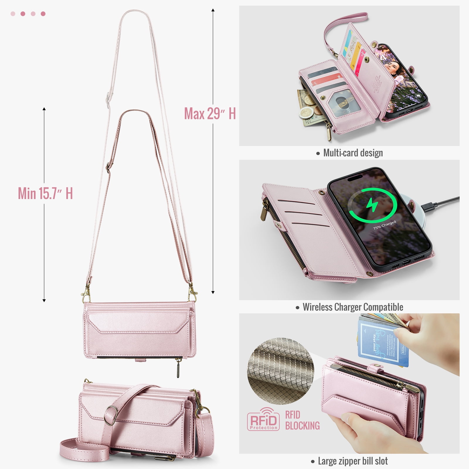 Asuwish Compatible with iPhone 17 Air 6.5 inch Zipper Wallet Phone Case Tempered Glass Screen Protector Crossbody Lanyard Strap Flip Card Holder Slot Cell Cover for i Phone17Air 17Air Women Rose Gold