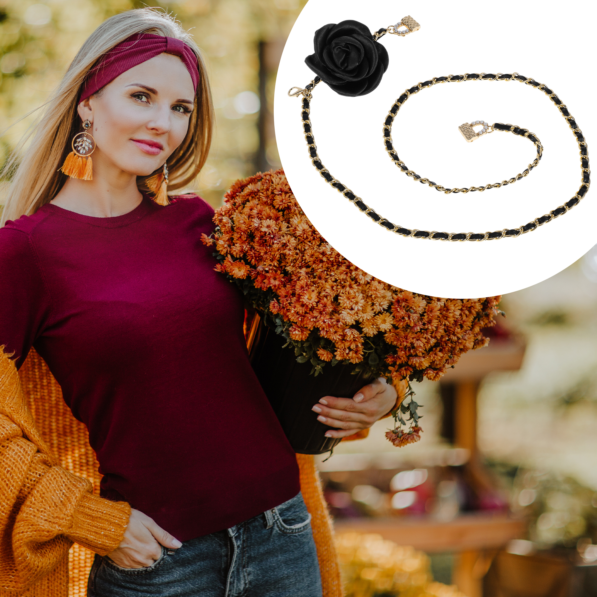 Unique Bargains Flower Adjustable Waist Belt with Adjustable Clasp Design Gold Tone, Black