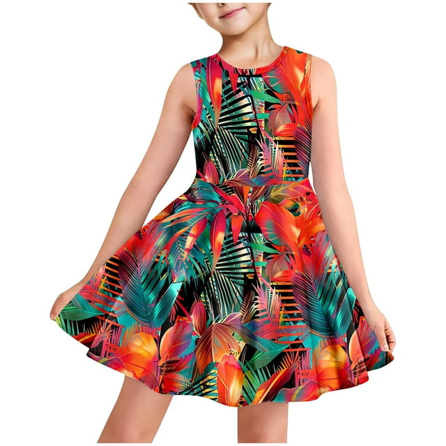 LOVZFMLL Robe d'Été à Manches Courtes pour Filles avec Poches à Volants Col Rond Imprimé Robe Débardeur Douce