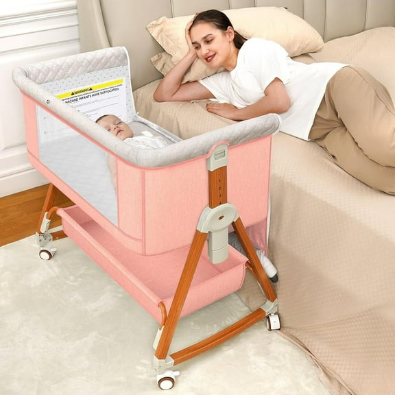 kmaier Baby Bassinet Sleeper, 6-Section Height Adjustable Crib, Foldable Portable Crib Side Sleeper with Wheels - Pink