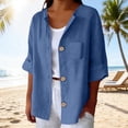 thumbnail image 2 of Aoiroe Women's Cotton Linen V Neck Button Down Shirt Long/Roll Up Sleeve Casual Collared Work Blouse Top Blue L, 2 of 9