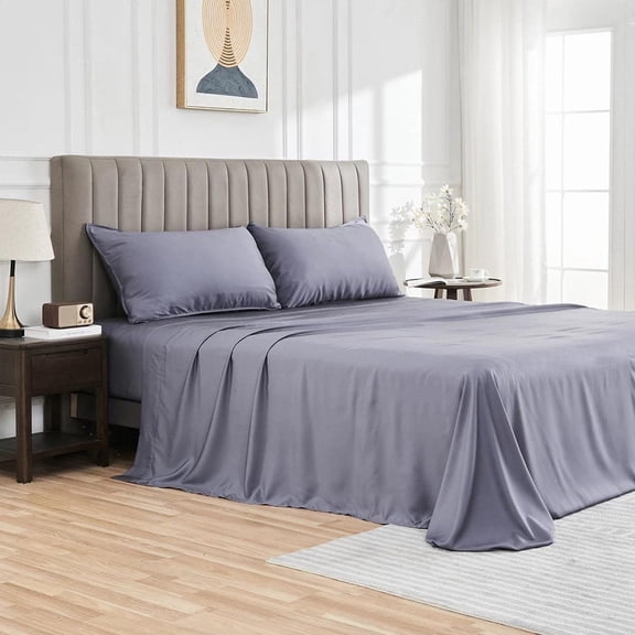 Full Size Bed Sheets, 4 Piece Sheet & Pillowcase Sets Soft Microfiber Luxury Bedding Fitted Sheet Water Washed, Deep Pocket, Dark Gray