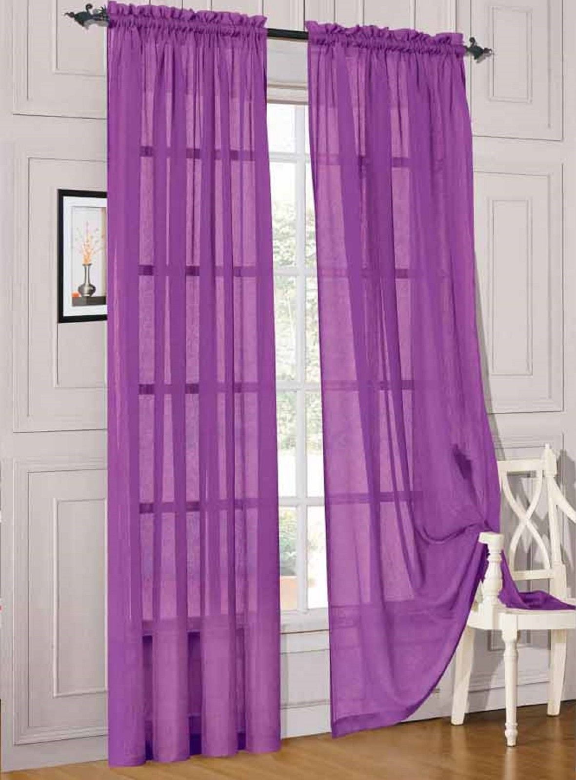 2pc Purple Solid Sheer Voile Window Curtain Set, Two (2) Rod Pocket