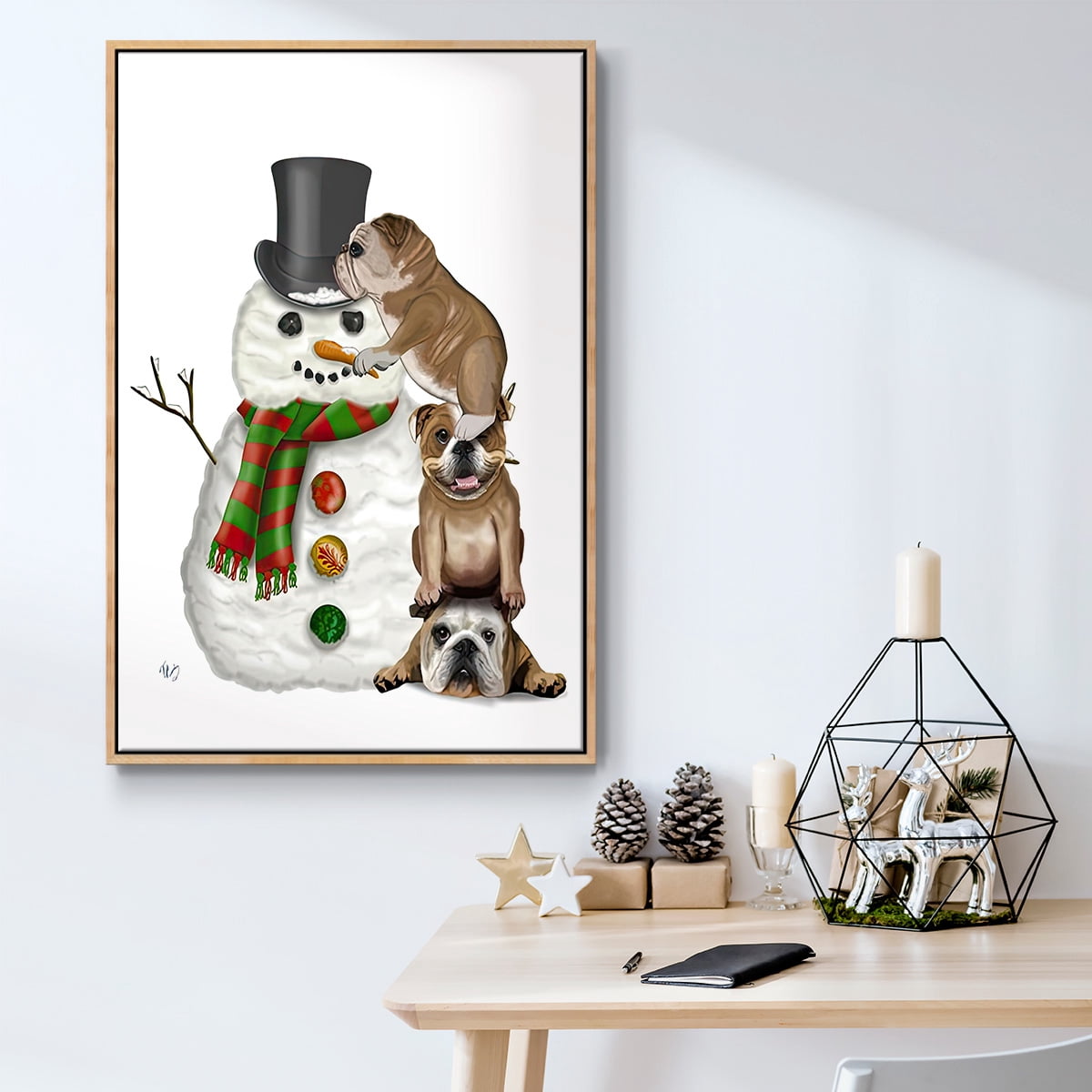 Christmas English Bulldogs Building Snowman - Framed Gallery Wrapped Holiday Canvas - 17 x 25 - Natural Wood Frame