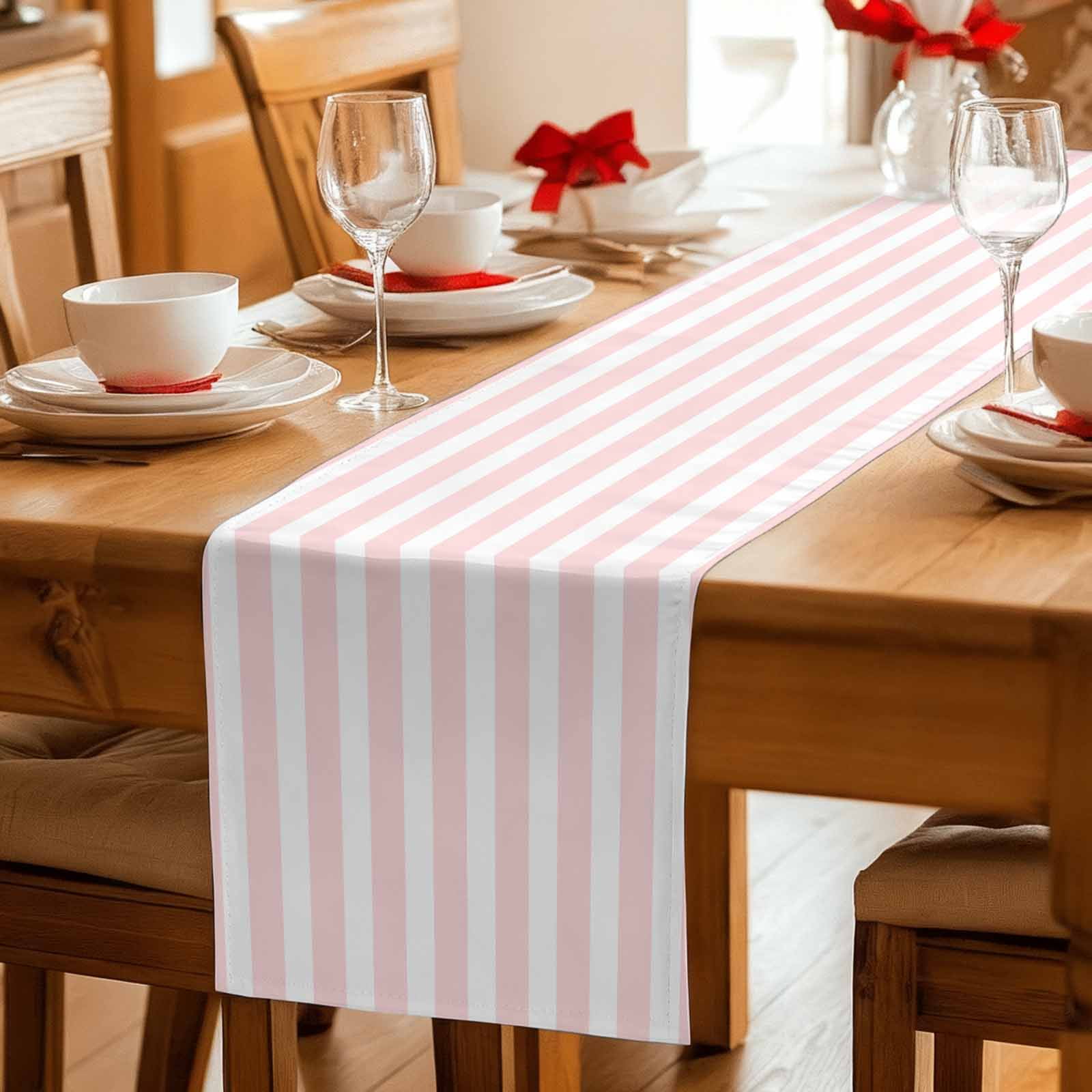 Pink Striped Table Runner, Modern Farmhouse Pink White Stripes Washable Cotton Linen Table Runners 108 Inches Long, Dresser Scarf Runner for Dining/Living Room/Kitchen/Square Tables 13''x108''