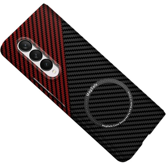 Magnetic Case for Samsung Galaxy Z Fold 3 5G Case Compatible with MagSafe Charger Carbon Fiber Slim Ultra Extremely Thin Aramid Fiber Cover, Black&Red