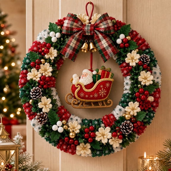 3D Christmas Fabric Poke Wreath DIY Kit, Fabric Poke Art Kit for Adults, Christmas Wreath DIY No-sew Craft Kits, Classic Holiday Wreath Craft Gift for Door and Wall Home Display