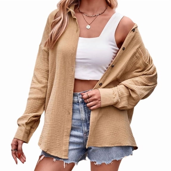 Womens Button Down Shirts Cotton Long Sleeve Oversized Boyfriend Blouses Collared Dress Tops with Pockets  XXL