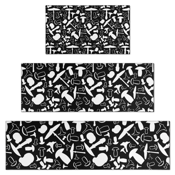 White Mushroom Silhouette Black Pattern Kitchen Rugs Sets Of 3,Kitchen Runner Rugs Non Skid Washable,Decorative Kitchen Floor Mats for Kitchen,Sink,Laundry,17"x30"  17"x47"   17"x59"