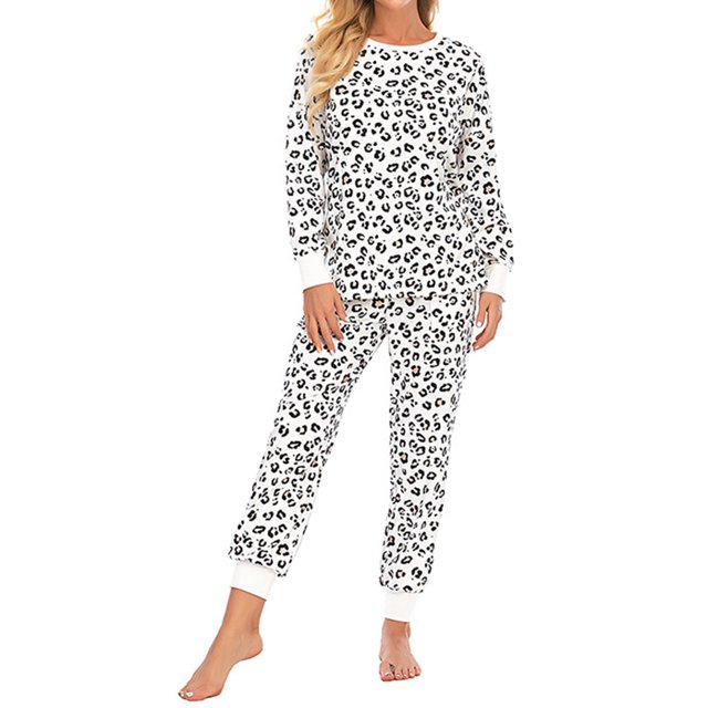 Ensemble de Pyjama Sexy pour Femmes Ensemble Deux Pièces Confortable à Imprimé Léopard Manches Longues Décontracté