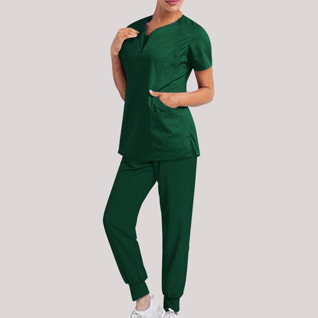 DPTALR Women Solid Color Loose Pants Multiple Pocket Caregiver Nursing Uniform Short Sleeve Zipper V-Neck Set
