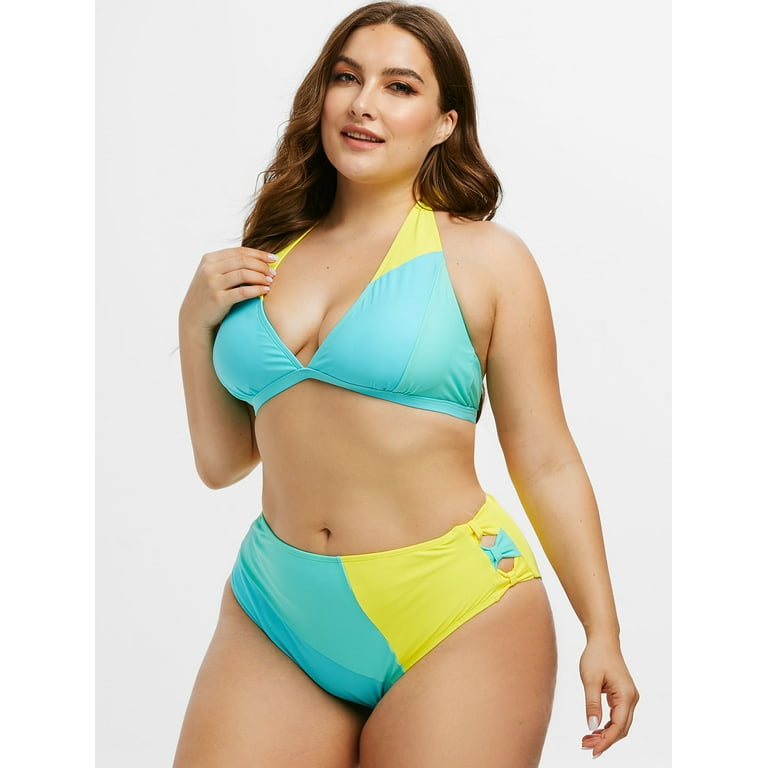 Rosegal Women Halter Colorblock Bowknot Plus Size Bikini Swimwear