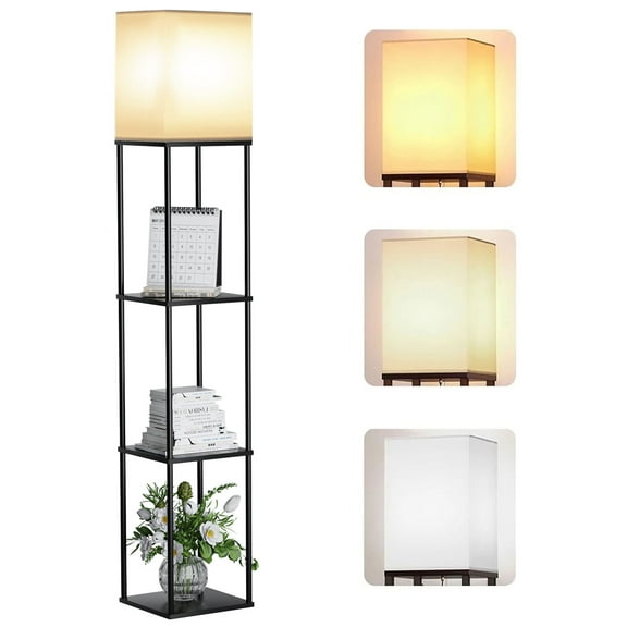 Foukus 63" Floor Lamp with Shelves: Lamp for Living Room with 3 Adjustable Color Temperatures, Display Bookshelf for Home, Bedroom, Study - Black (Bulb Included)