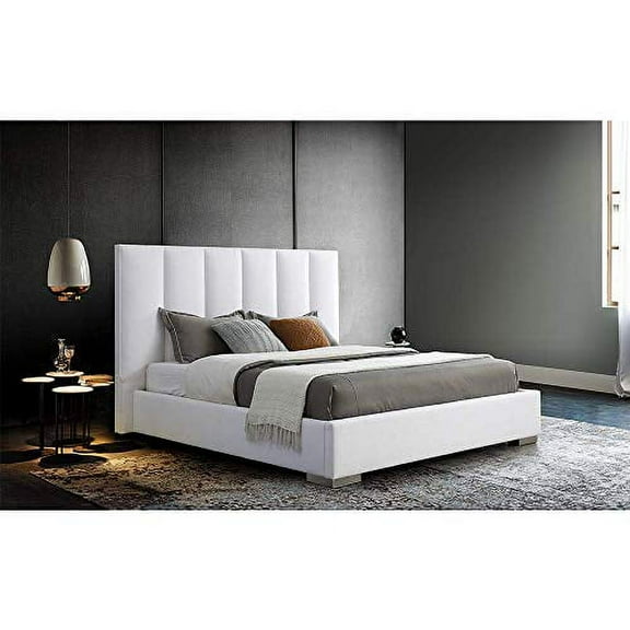 Whiteline Modern Living Velvet Bed Queen, Vertical lines design in the headboard, Fully upholstered in pure white linen blend stain proof fabric, Stainless legs