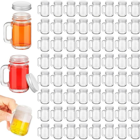 100 Pieces 1 oz Mini Mason Jar Drinking Glasses with Lids Mason Jar Cups Mason Jar Mugs with Handles Mason Jar Shot Glasses Set for Home Picnic Party