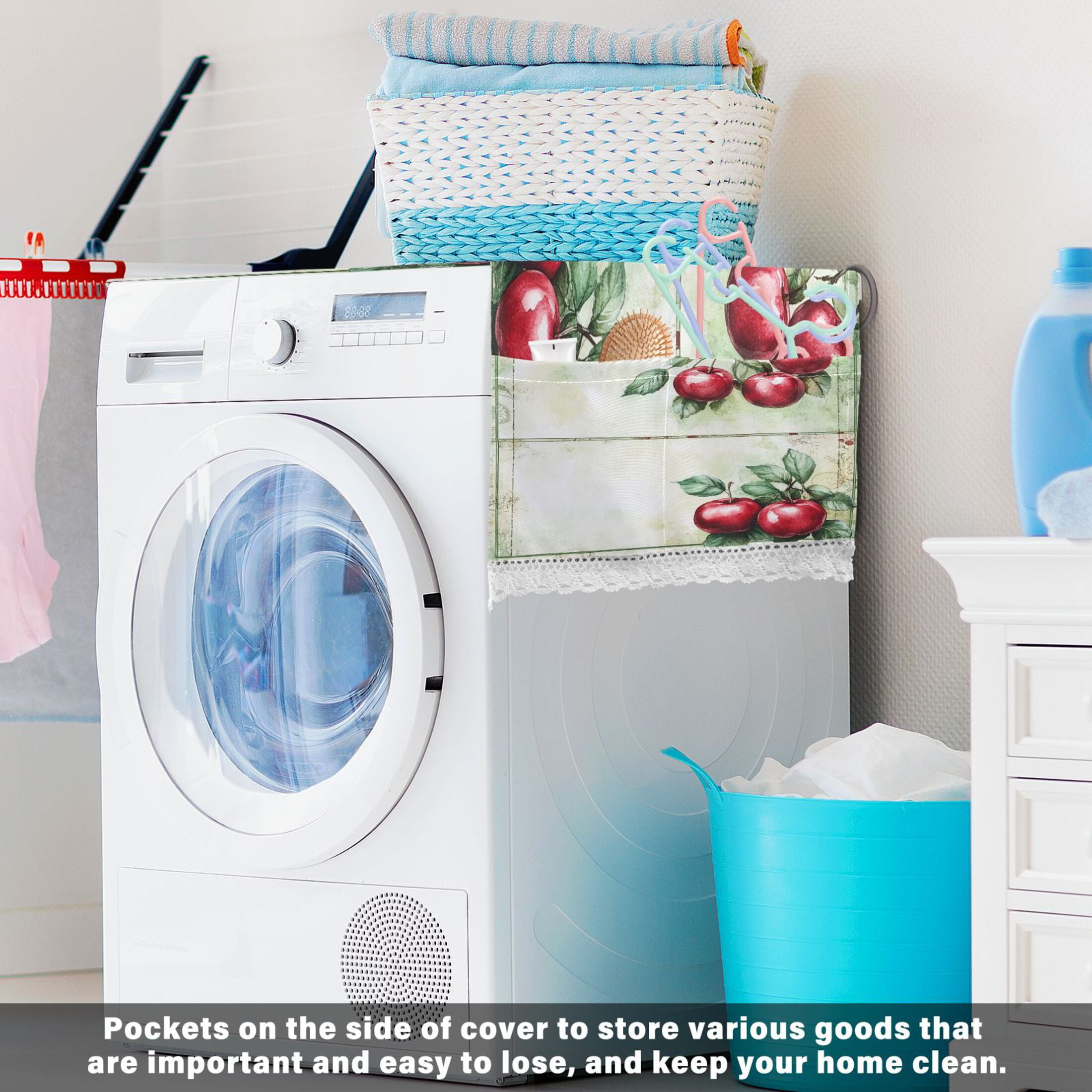 Red FruitWasher and Dryer Covers Dust-Proof and Oil Resistant Fridge Cover with 4 Storage Pockets Washing Machine Top Cover for Laundry Kitchen Home 51.2 x 22 In