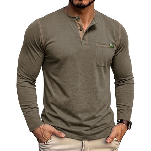hoksml Men's Henley Crew Neck Long Sleeve T Shirt Contrast Stitch Chest Pocket Slim Stretch Top for Outdoor Work Daily Casual Wear