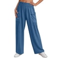thumbnail image 2 of Women's Soft Casual Solid Straight Leg Pants, Elastic Waist Pull On Design with Foldable Long Pants for Versatility, Polyester Blend Everyday Wear for Work, Travel, | TruHer,Blue S, 2 of 8