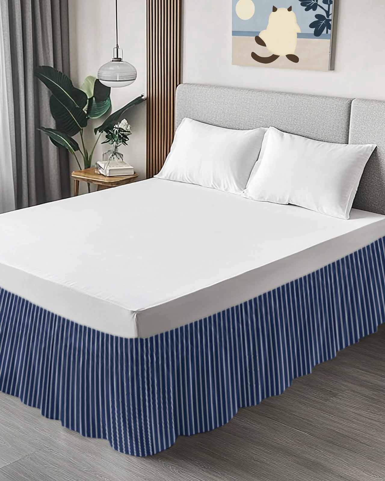 Navy Blue Striped Bed Skirt Queen Size, Navy Blue White Farmhouse Stripes Wrap Around Bed Skirting with Adjustable Elastic Strap, Dust Ruffle Pleated Bedskirts 18 Inch Drop for Bedroom Queen Beds