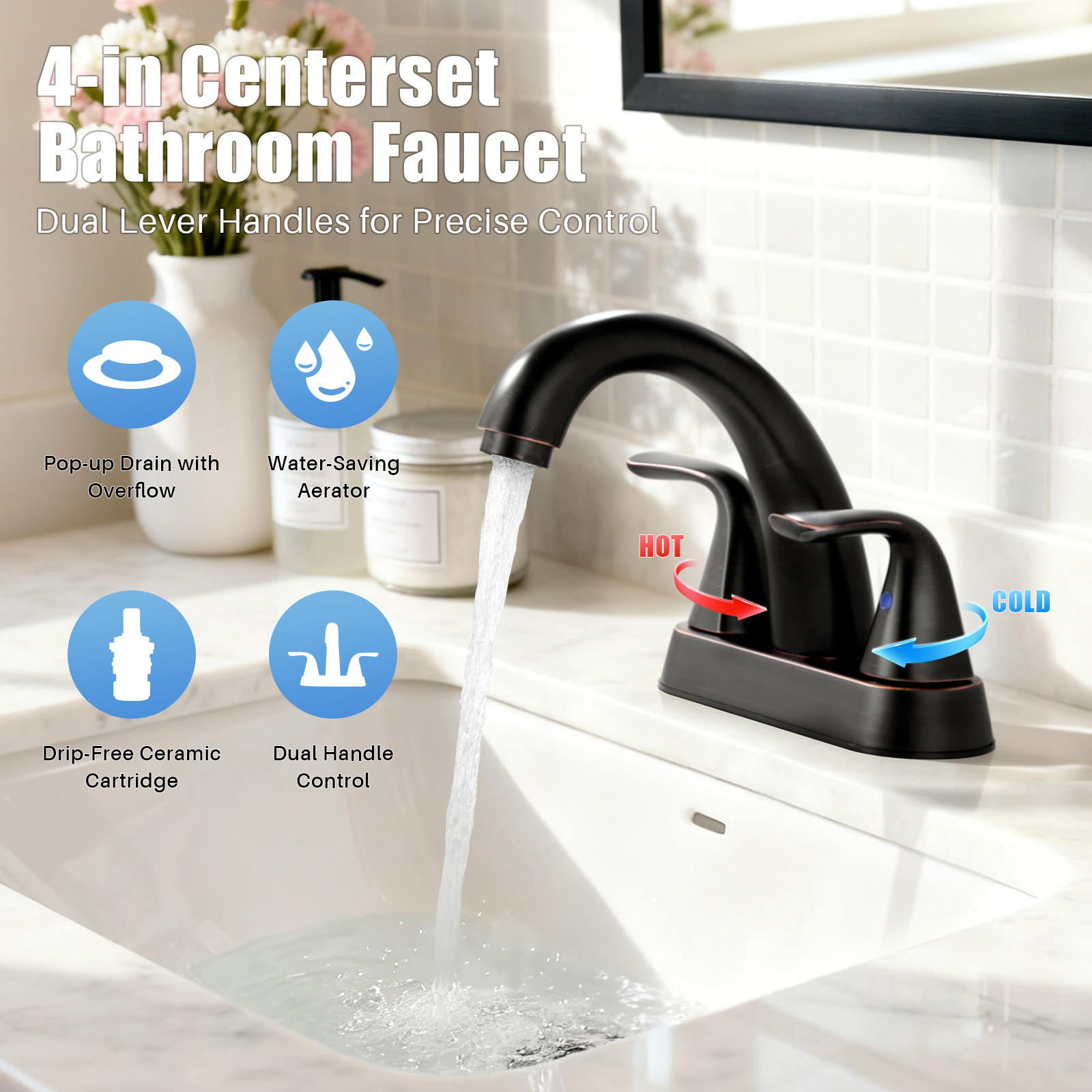 Wowow 4 inch Centerset 2-Handle Bathroom Faucet in Oil Rubbed Bronze for Bathroom Sink with Pop Up Drain
