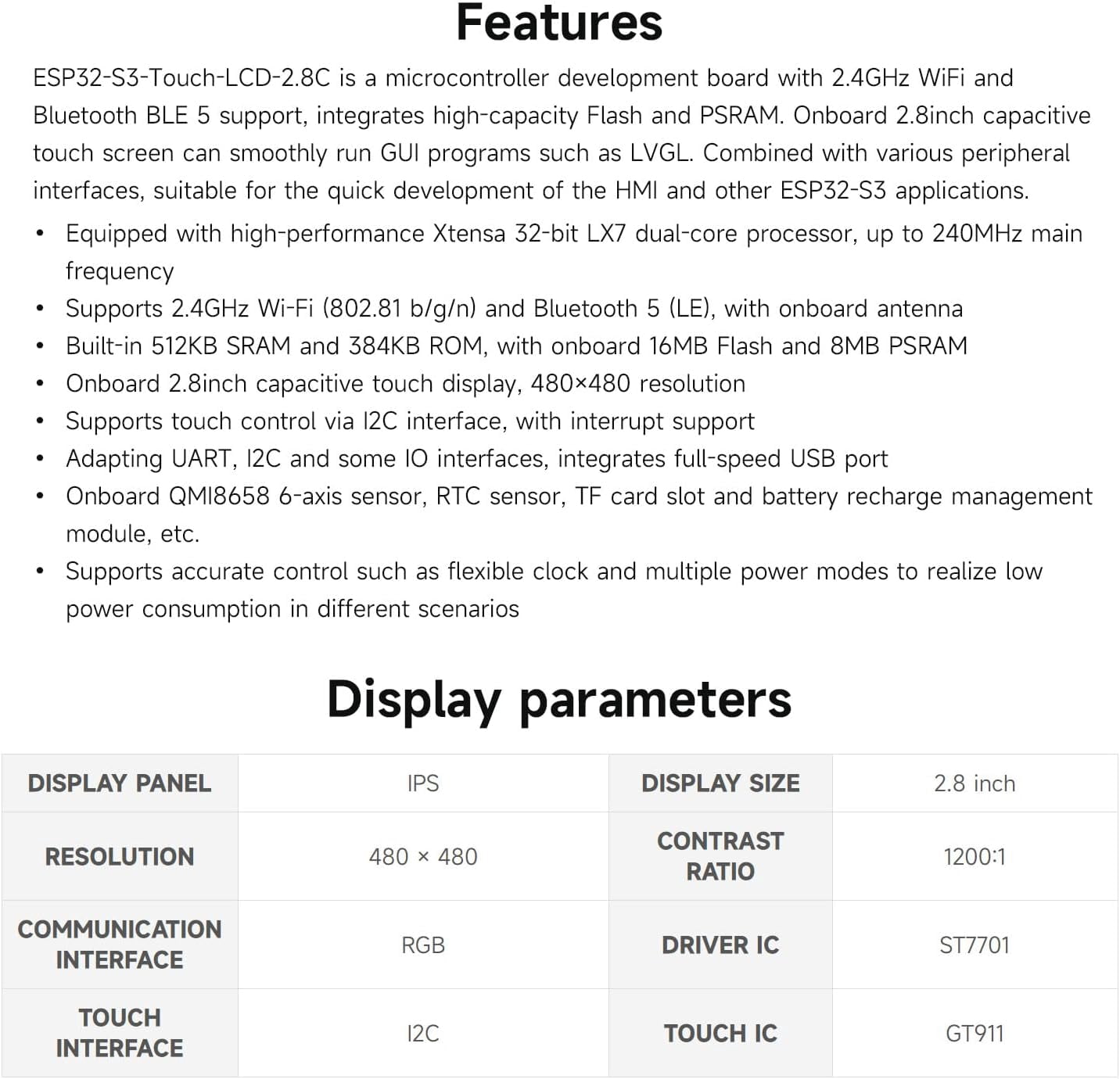ESP32-S3 2.8inch Capacitive Touch Round Display Development Board, 480×480, 32-bit LX7 Dual-core Processor, Supports WiFi & Bluetooth, ESP32 with Display