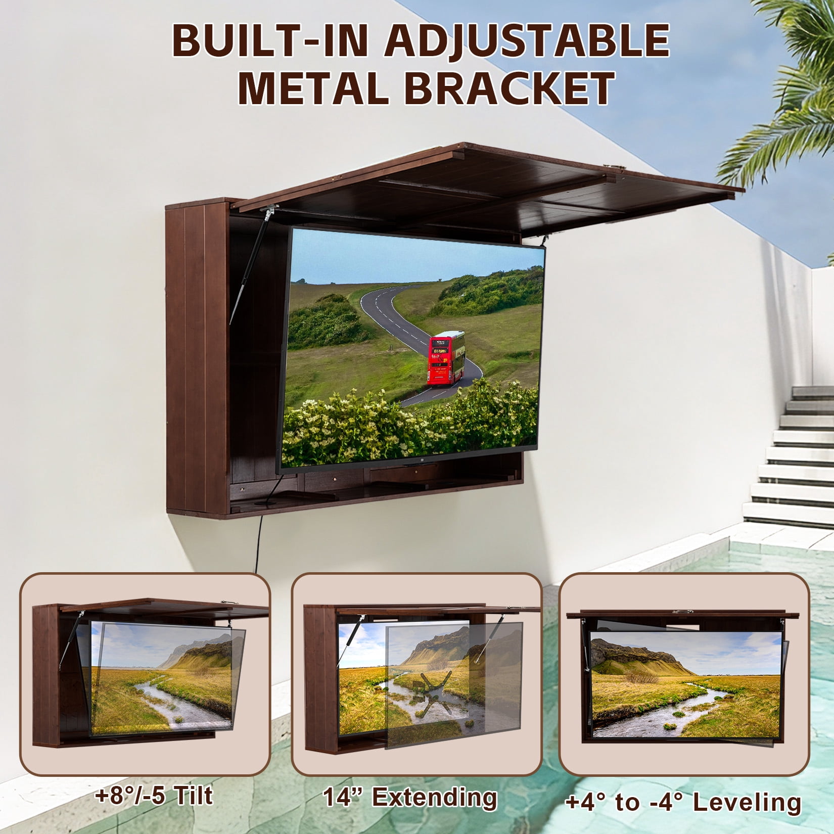 Outdoor TV Hard Cover, Solid Wood Weatherproof TV Enclosure w/ Wall Mounting Bracket , 600D Oxford Outdoor TV Cover (Fits 32-55 Inches), Walmut