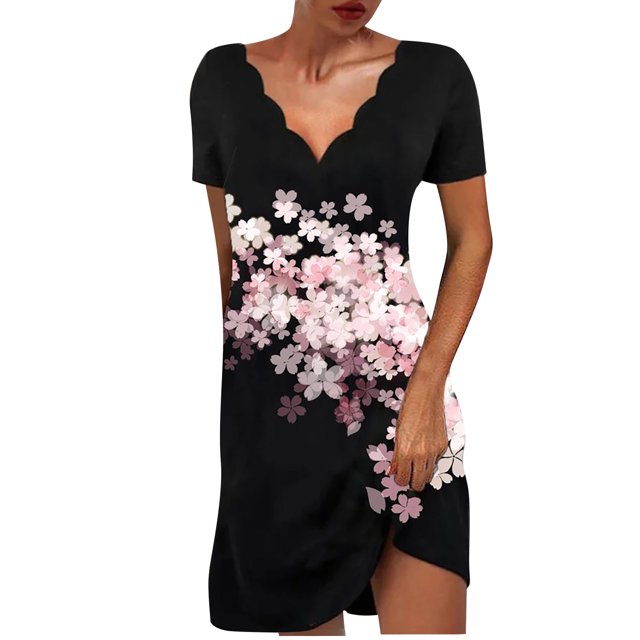 Robe à Manches Courtes pour Femmes Mode Décontractée Col en V Imprimé Ample Élastique Robe Courte Robe Décontractée pour Femmes