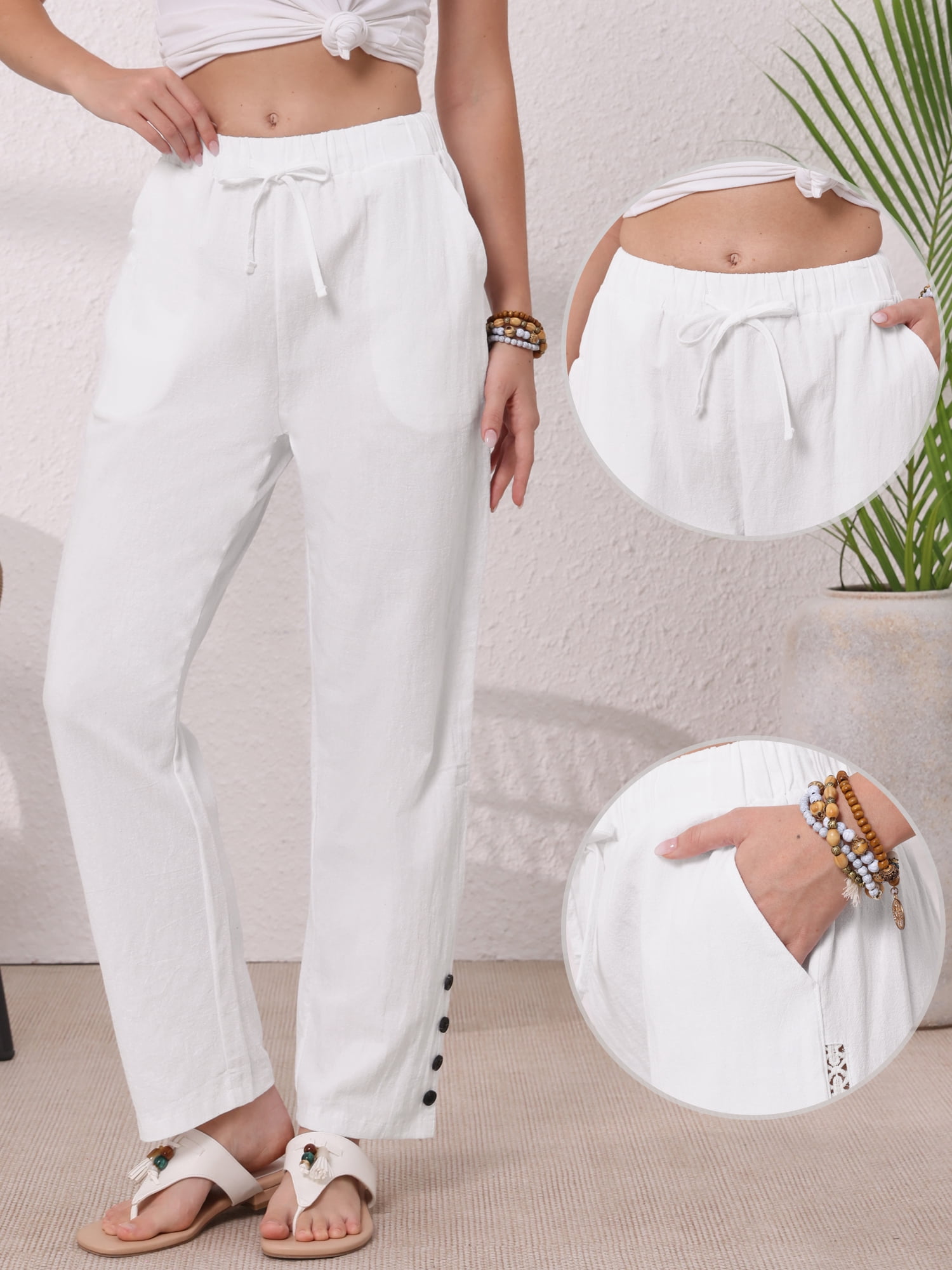 DARING DIVA Women's Linen Summer High Waist Drawstring Long Pants Large White