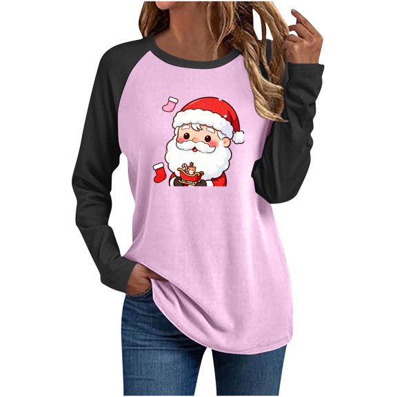Festival Saving Christmas Shirt for Women Black Raglan Sleeve T-Shirt with Festive Santa Print Long Sleeve Crewneck Top for Casual Christmas Wear My Items