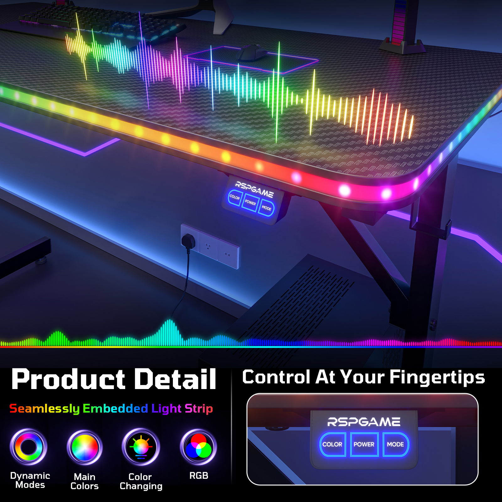 RSPGAME 43.5" Music Sync LED Gaming Desk, Black photo 2