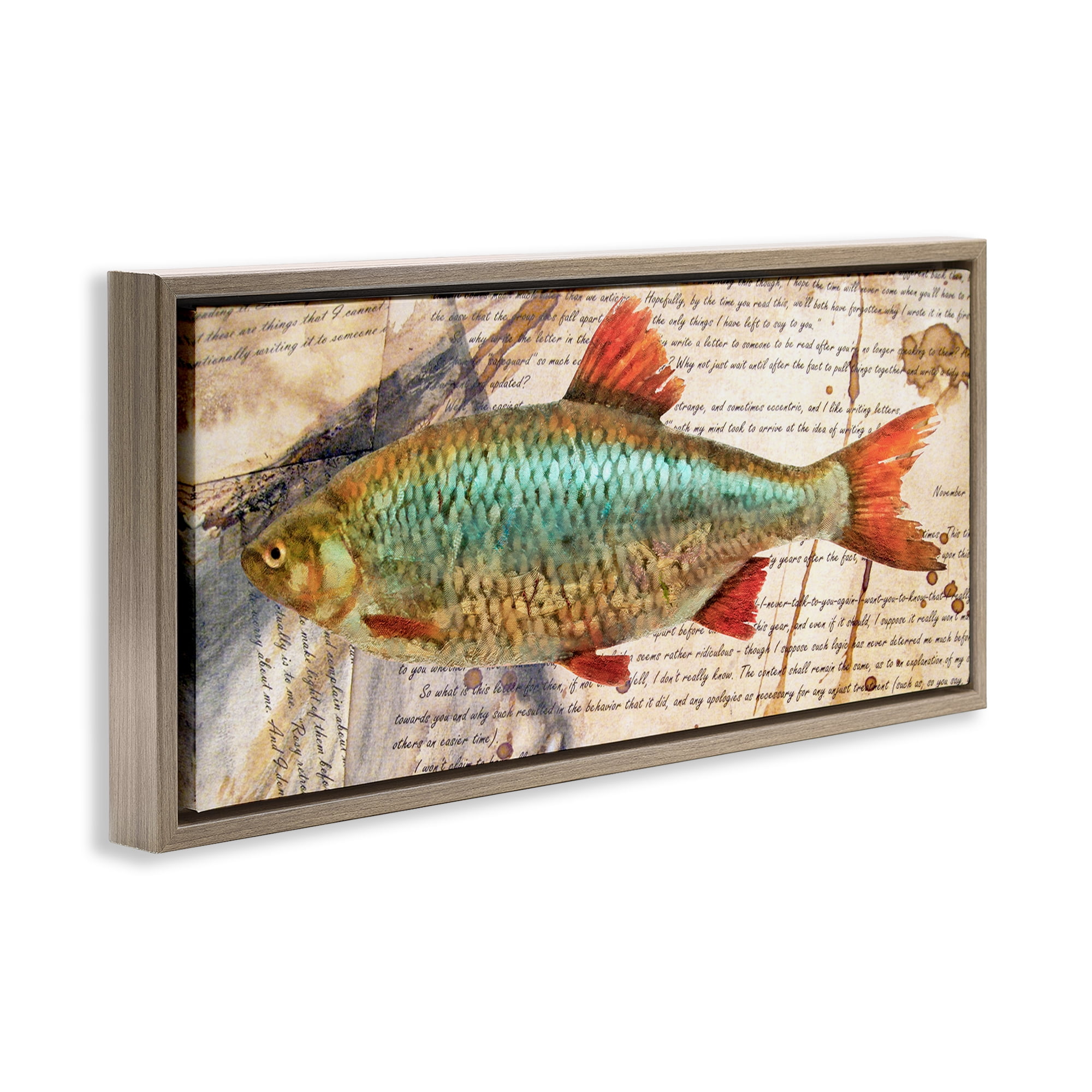 Stupell Industries Vintage Pages & Fish Animals & Insects Painting Brown Floater Framed Canvas Art Print Wall Art, 31 x 14