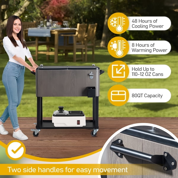 Alvantor 80 QT Patio Rolling Cooler Cart with Shelf, Bottle Opener and Cap Catcher, Gray