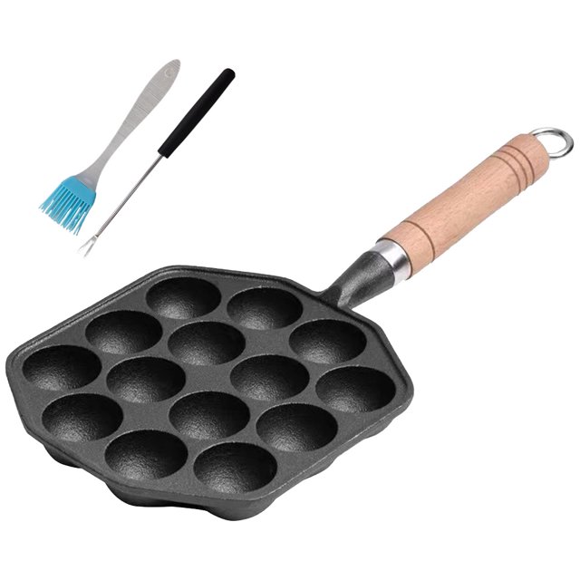 Molde Carne Pulpo Takoyaki Grill Pan Creador Hierro Fundido 12/14 Con Cepillo Aceite Y para Panqueques Redondos