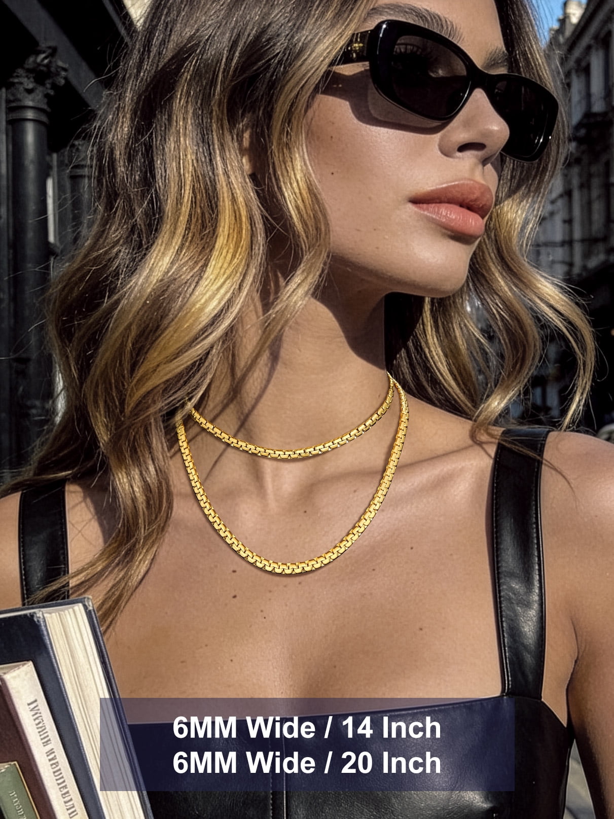 Bandmax 6MM Flat Box Link Chains Necklace for Men Women 14K Gold Plated Solid Stainless Steel Cable Chain Jewelry Birthday Father Day Gift for Mens Son Husband Dad