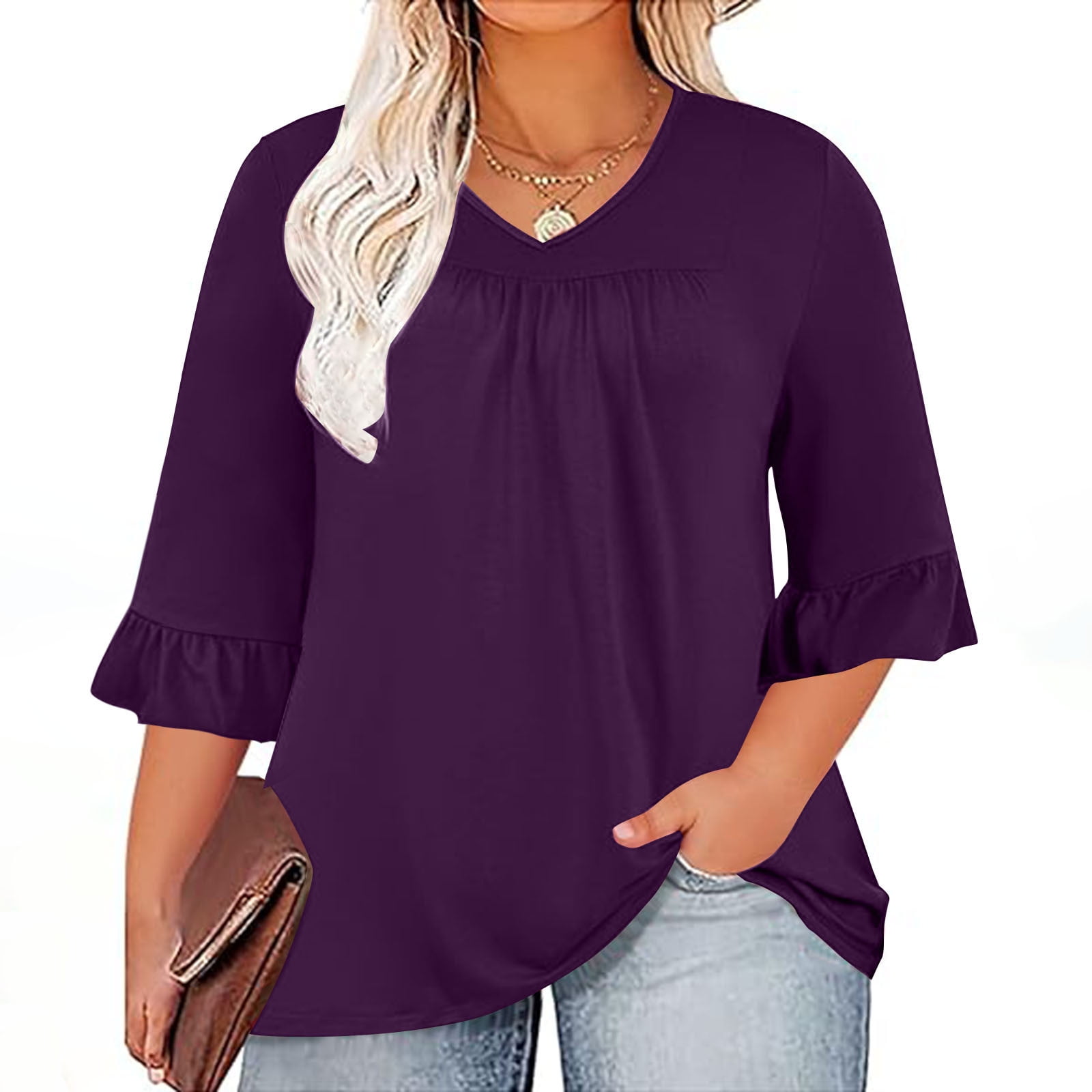 Mansy Women's Ruffle Sleeve V-Neck Top - Summer Casual Tunic Blouse In Purple, Sizes S-XXL