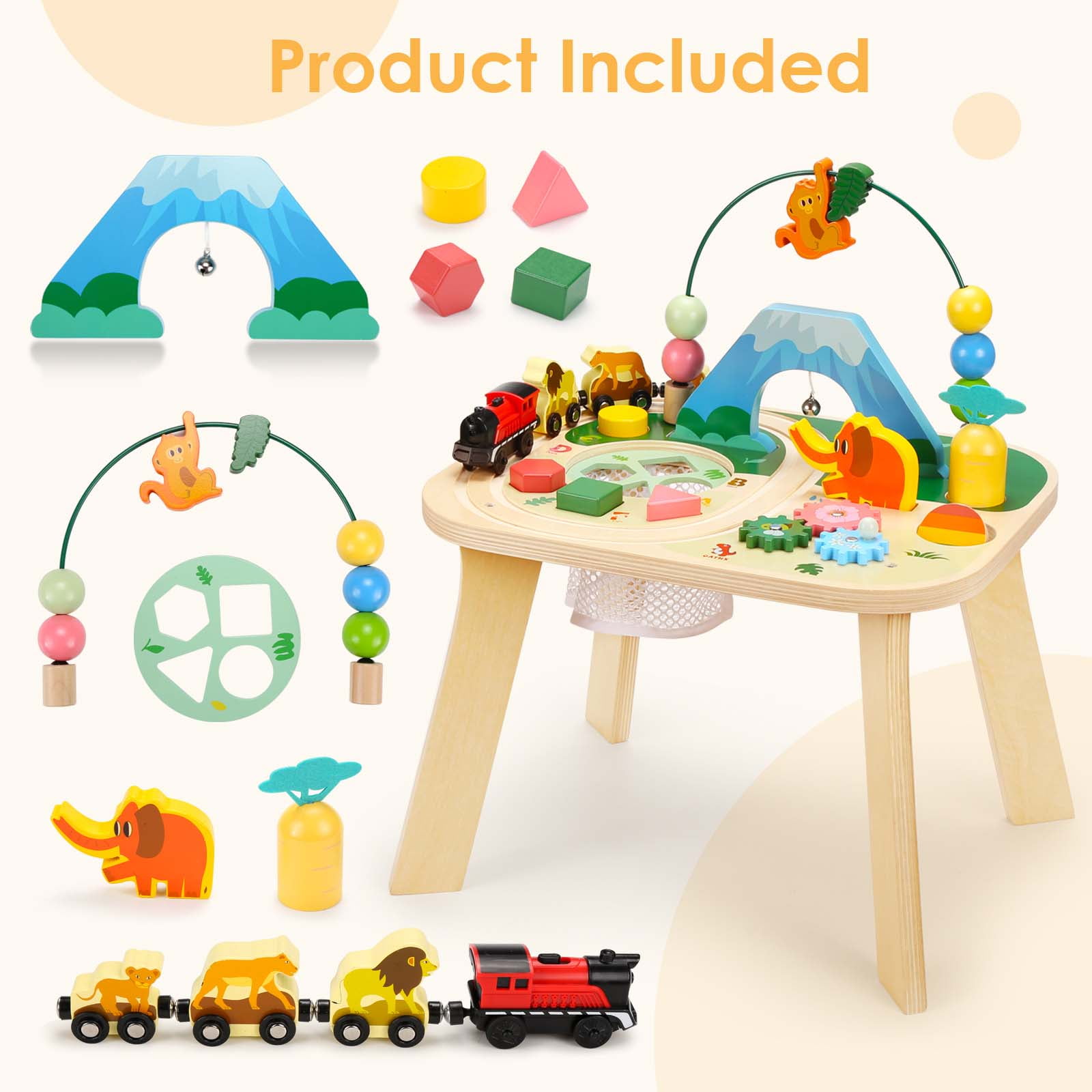 OATHX Toy Bead Maze Train Track Toddler Activity Table Kids Wooden Montessori Learn Sensory Toys for 1-5 Year