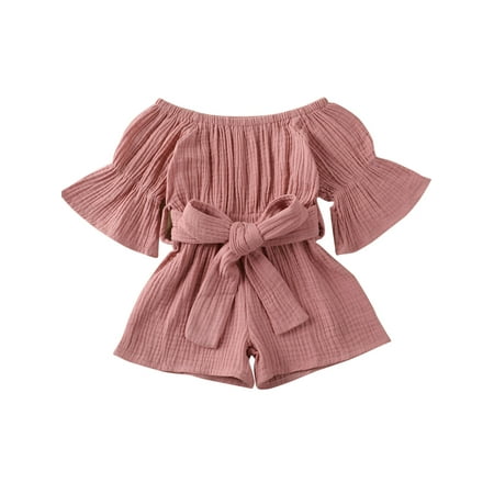 

wybzd Newborn Baby Girl Solid Color Off-shoulder Jumpsuit Toddler Trumpet Sleeve Waist Bandage Jumpsuits Shorts Pink 2-3 Years