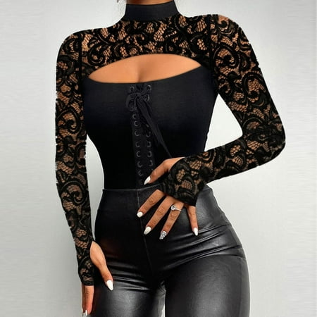 

Swim Shirts for Woman Long Sleeve Swimsuits for Women Casual Solid Color Fashionable Lace Sexy Hollowed Out Womens Rash Guard Womens Rash Guard Long Sleeve Black M