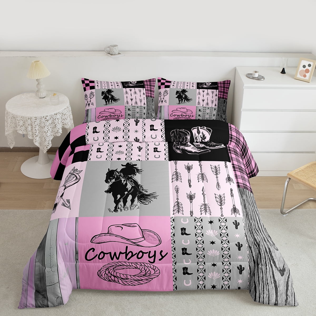 Full Size Comforter Set Western Cowgirl Bedding Sets Wild West Bull Horse Quilt Set For Teen Women Country Farmhouse Buffalo Plaid Bed Comforter Set 2 Pillow Cases Room Decor