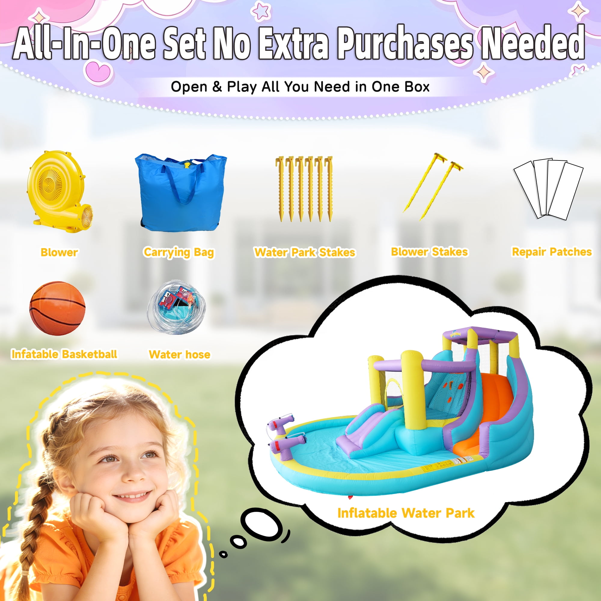 Anypool 7-in-1 Inflatable Water Slide Bounce House with 3 Slides, Splash Pool, Climbing Wall, Water Gun & Basketball 168 x 150 x 78 inches 520W Blower Outdoor Backyard Fun