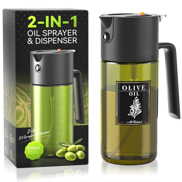 Pulverizador de aceite Gelibo 2 en 1, 500 ml/17 oz, bloquea la luz, verde oscuro