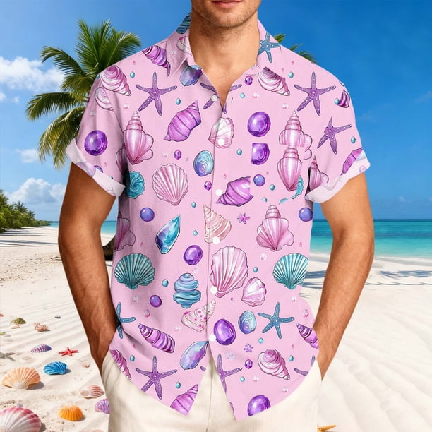 Blusa y camisa de manga corta con cuello vuelto para hombre, blusa informal de moda con cuello vuelto, blusa estampada de manga corta con botones, blusa de poliéster para hombre