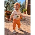 thumbnail image 5 of RUINIXCW Newborn Baby Boy Girl My First Halloween Outfit Infant Fall Clothes Letters in Tractor Print Short Sleeve Romper with Pumpkin Pants Hat Set, 5 of 10