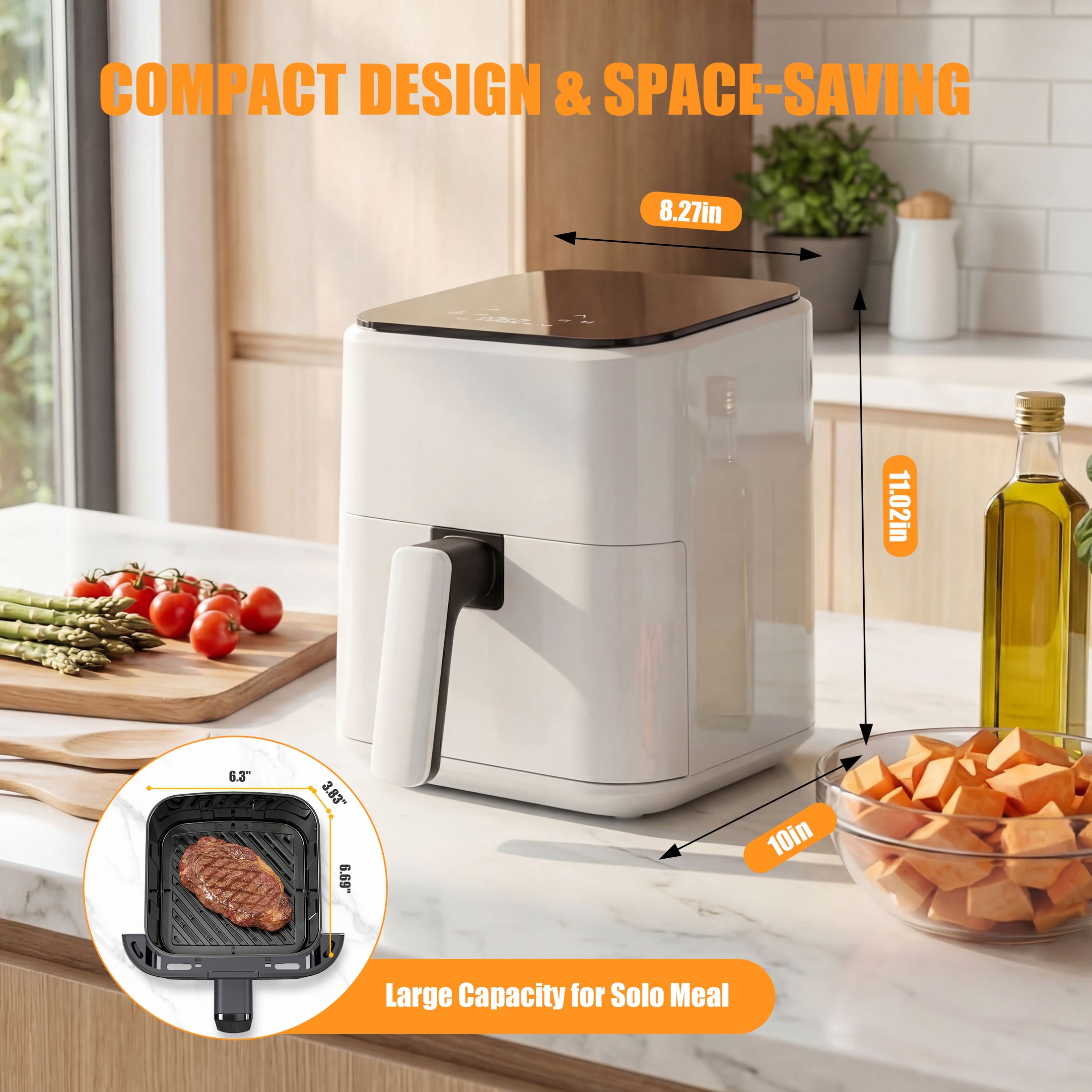 EDX 3 QT Digital Air Fryer, 800W Compact Countertop Air Fryer with Temperature Control, White