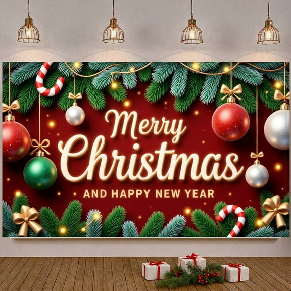 Red Background Christmas Banner Gold Lettering Xmas Display Christmas Ornaments Pine Branches Holiday Backdrop for Christmas Party New Year Celebration Family Gathering