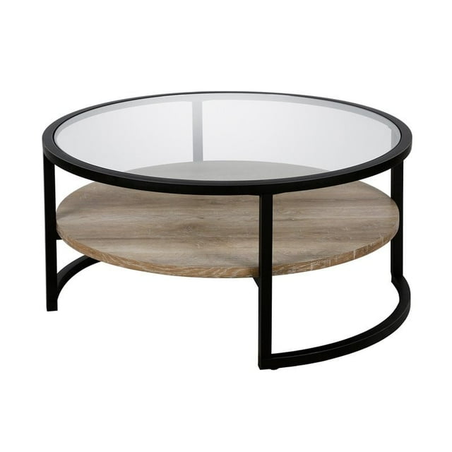 Henn&Hart Table Basse Ronde en Métal Noir et Bronze avec Étagère en Bois de Chêne