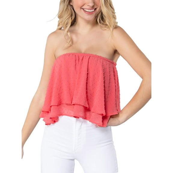 FashionMile Women Swiss Dot Woven Ruffled Flare Two Ply Off the Shoulder Tube Crop Top